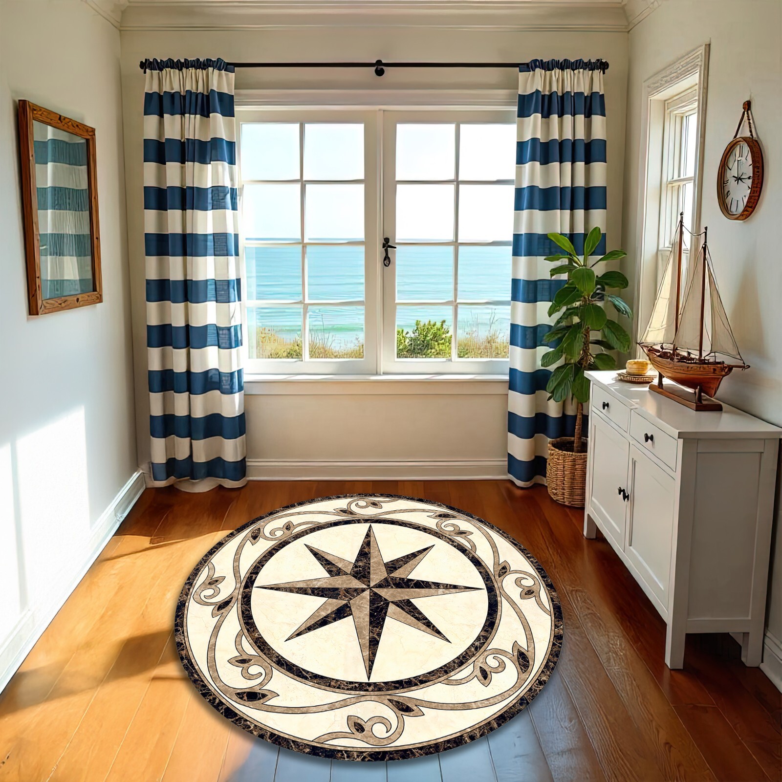 Tile Pattern Round Compass Rose Carpet Entryway Round Marble Rug Yacht Mat Decor