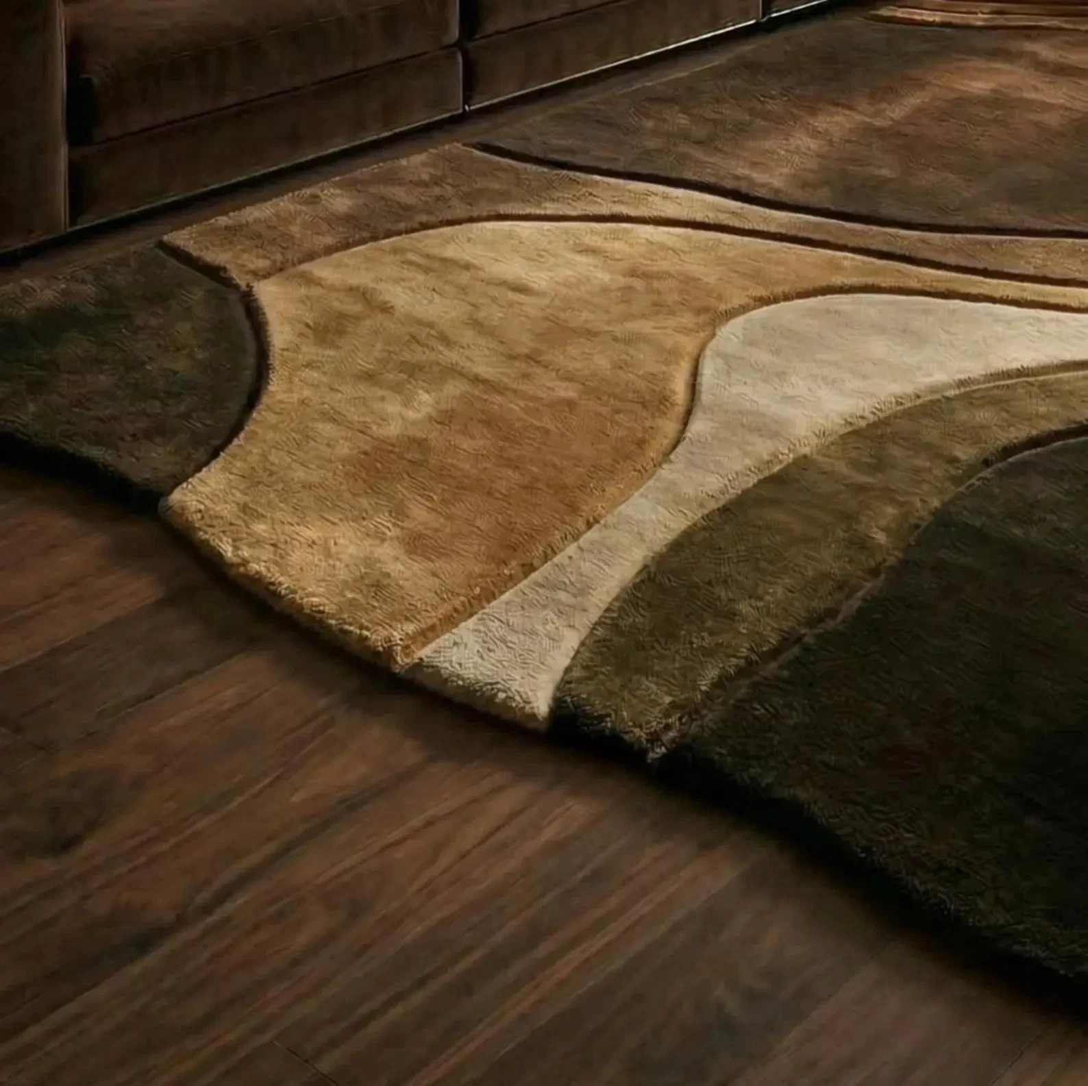 Hand Tufted Brown Abstract Wool Rug, Wave Layered Rugs for Living Room Carpet..