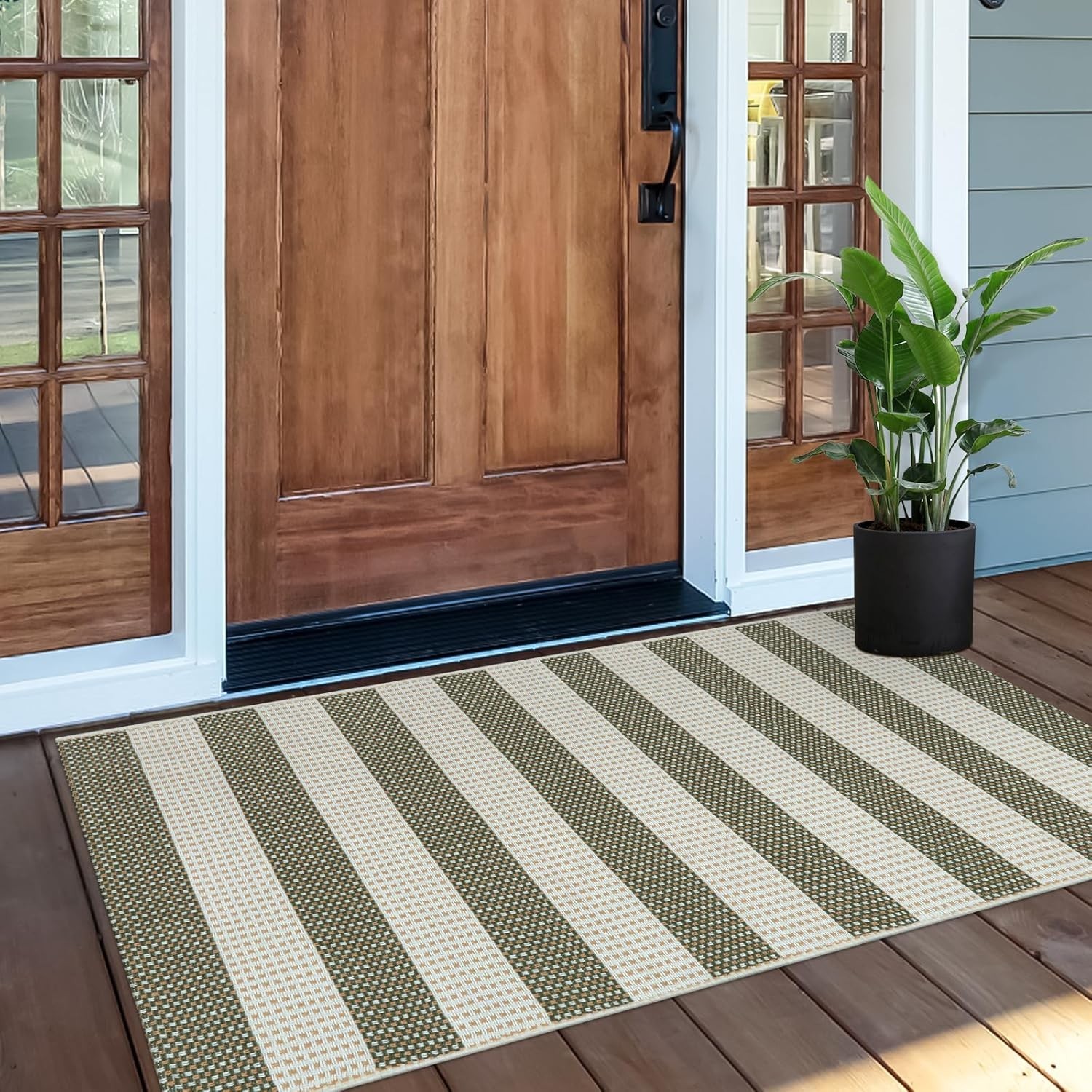 Green and White Striped Rug 24″x51″ Washable Front Door Mat Hand Woven Entry …