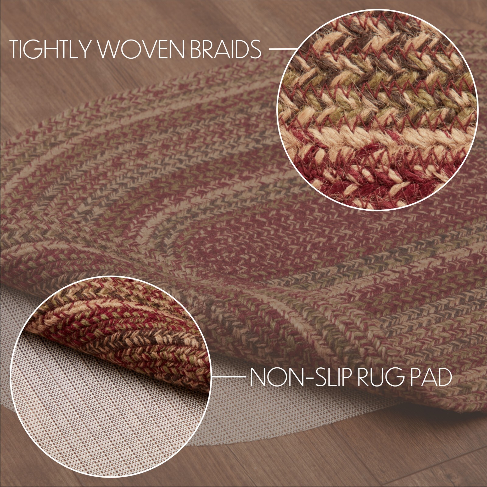 Cider Mill JUTE Oval 20×30 RUG Country Primitive Burgundy Natural Olive W/ Pad