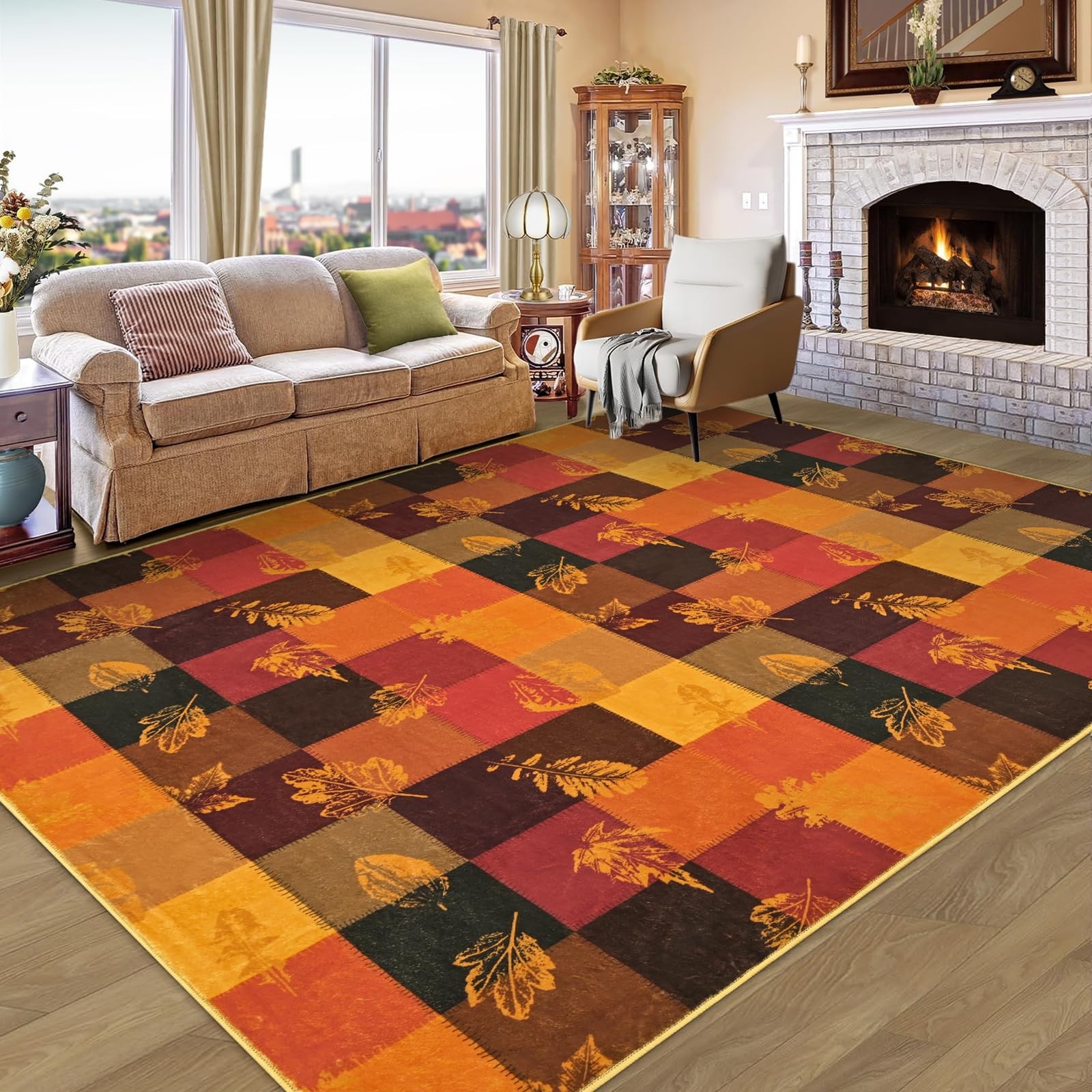 Fall Area Rug 8×10, Thanksgiving Maple Leaf Living Room Rugs for Bedroom