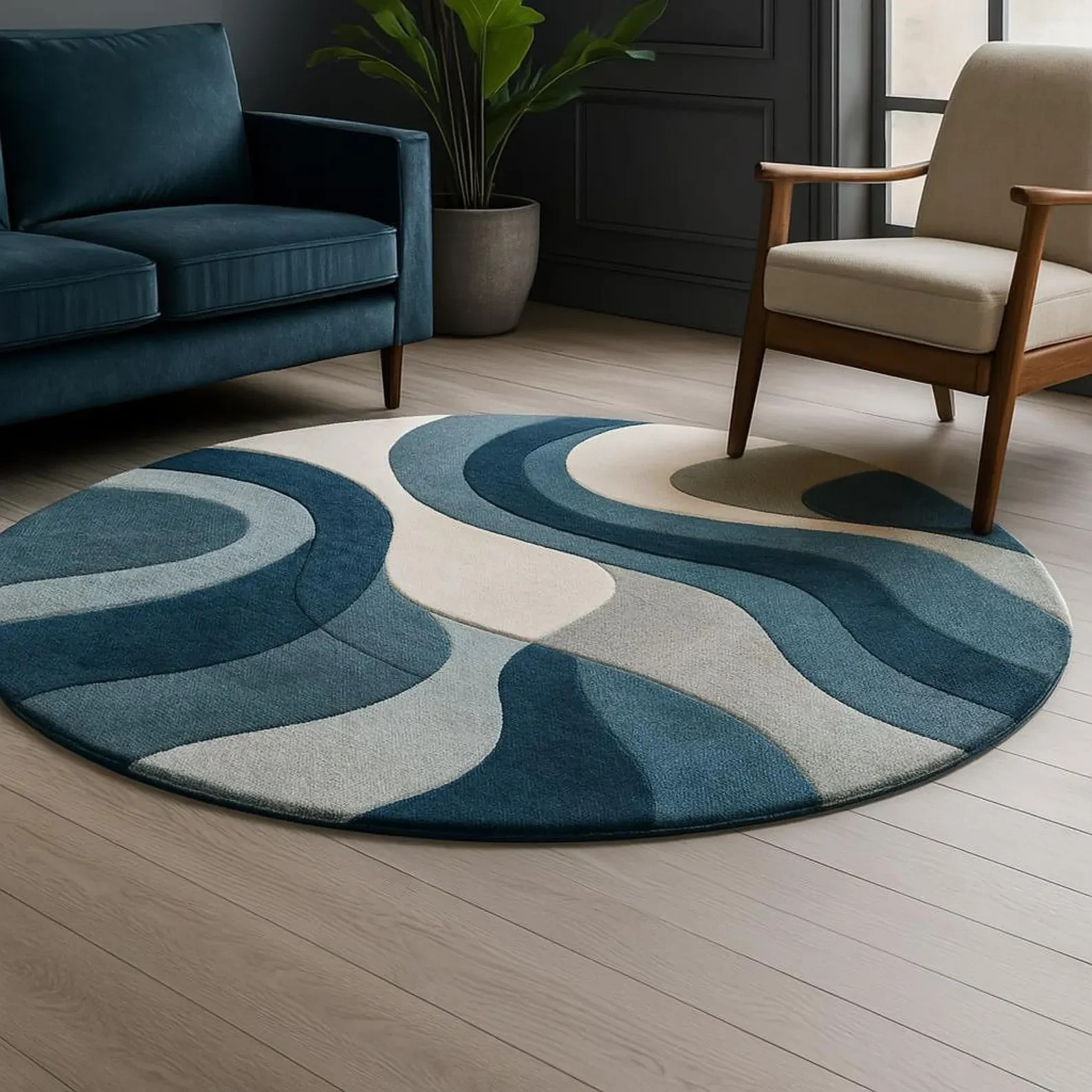 Teal Swirl Hand-Tufted Round Rug – Abstract Modern Carpet for Living Room