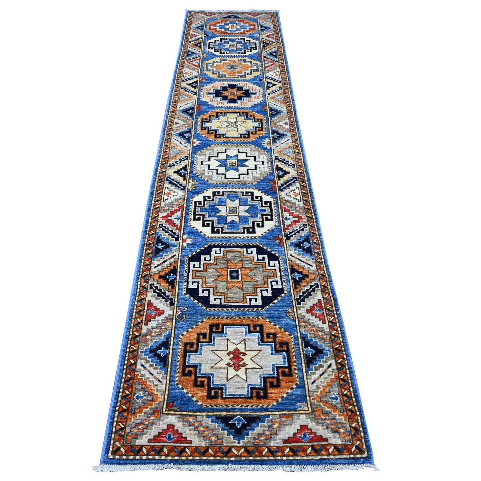 2’5″x11’8″ Blue Hand Knotted Afghan Ersari Elephant Feet Wool Runner Rug R88932