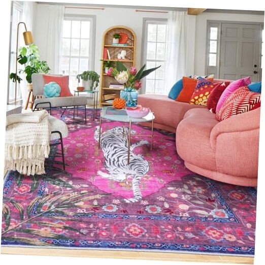 5×7 FT Leopard Rug for Living Room Leopard Vintage Animal Rug 5X7 FT Hot Pink