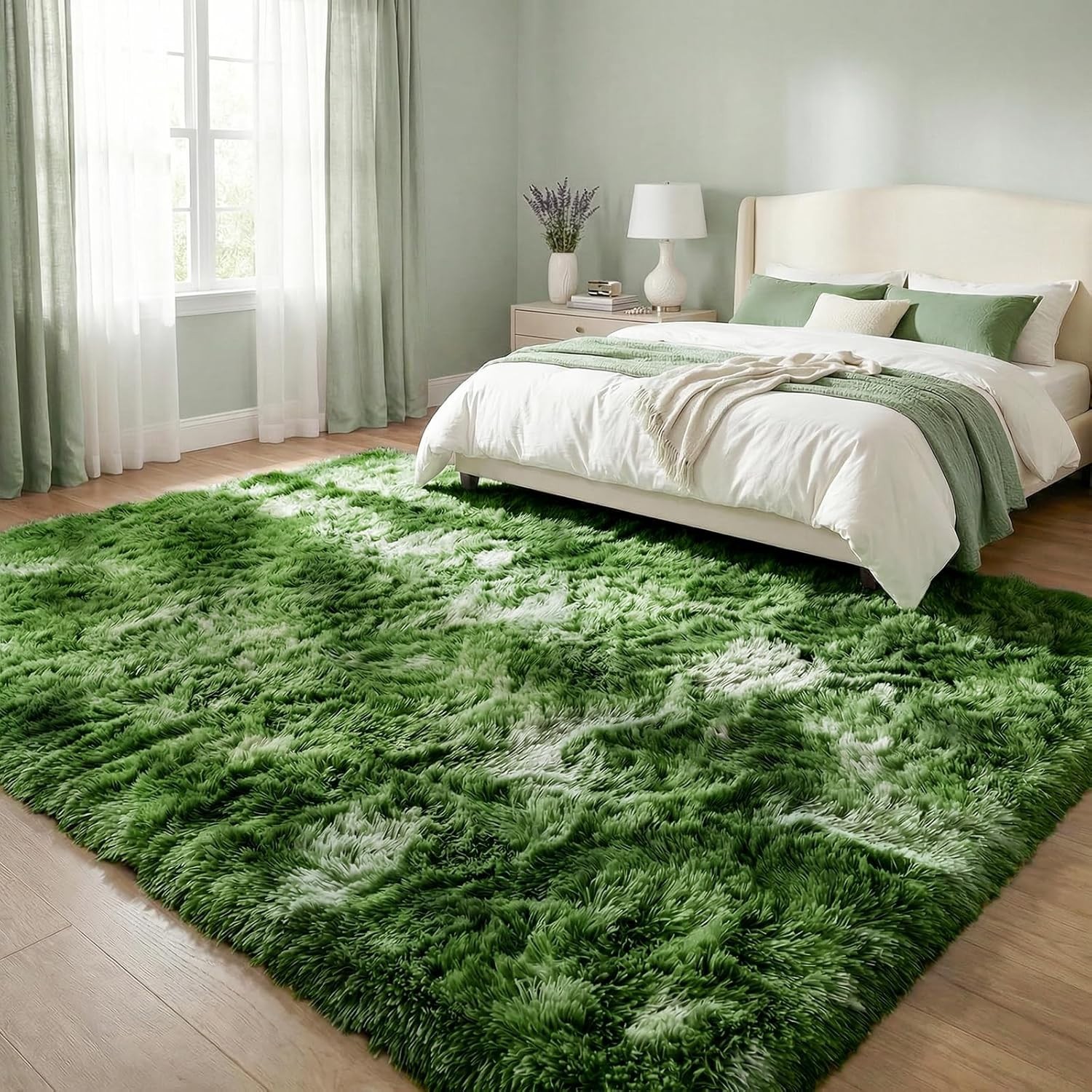 Fluffy High-Pile 4×6 ft Dark Green Rug – Modern Tie-Dye Design, Machine Washable