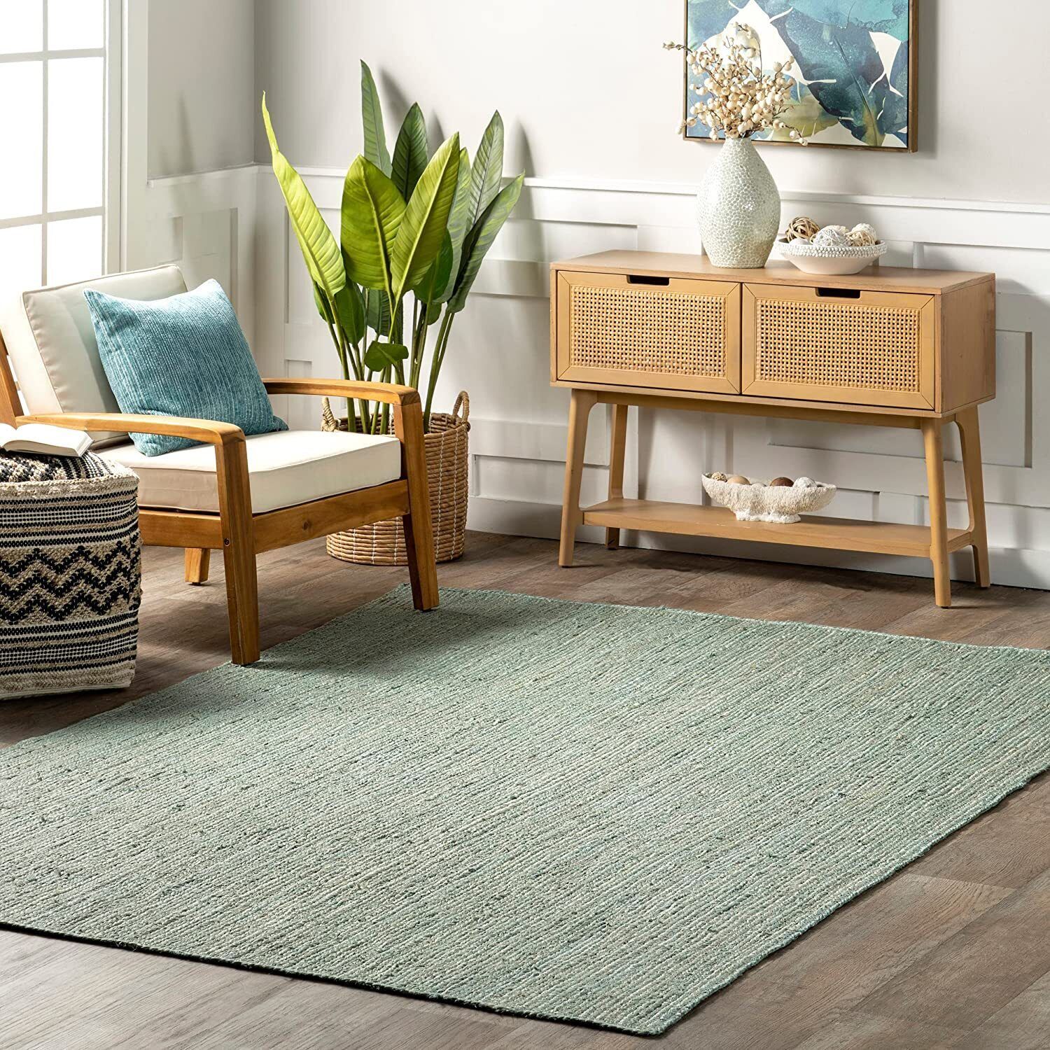 Modern Jute Rug Carpet Sea Green Braided Farmhouse Area Rug Living Room