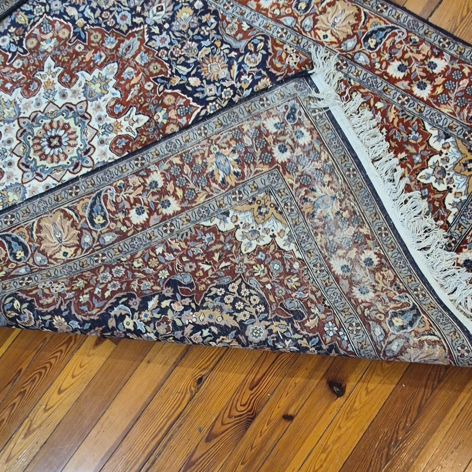 Hand-Knotted Medallion Rectangle Area Rug 100% Wool 7’1″×4’7″ Navy Red Beige