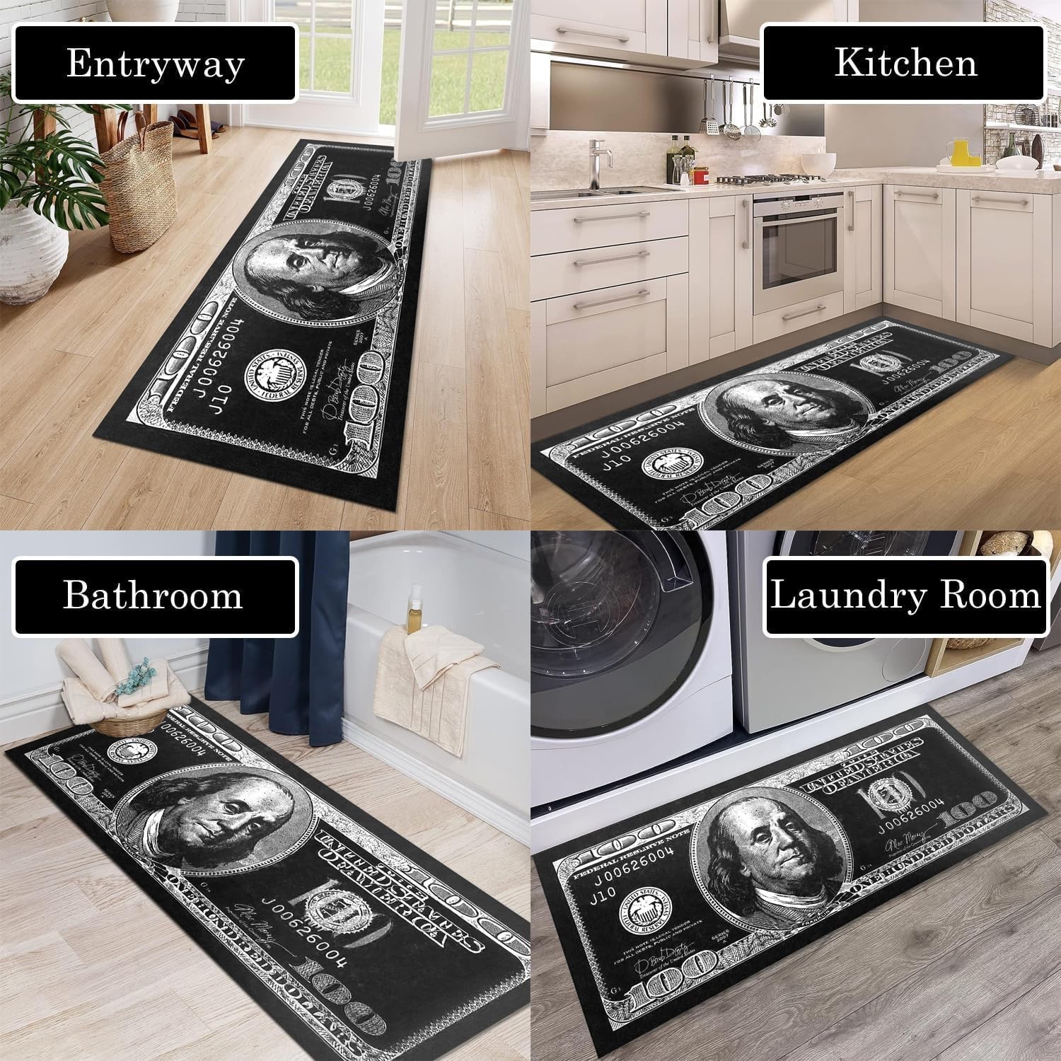 100 Dollar Bill Runner Rug for Hallway Black and White Area Rug for Bedroom Mode