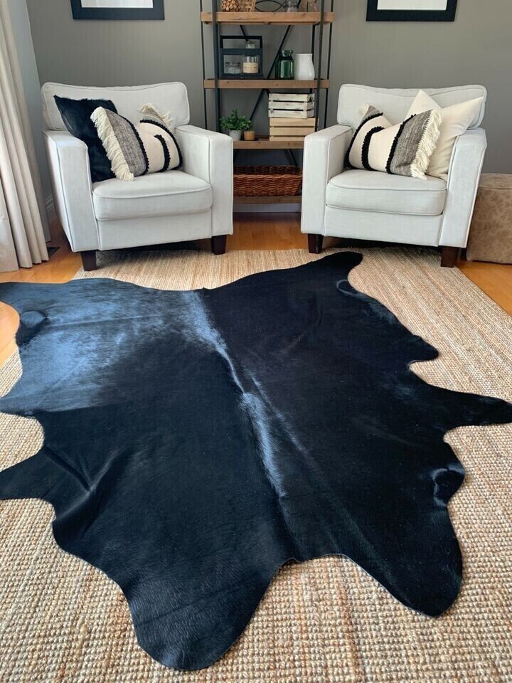 Dyed Black Cowhide Rug Leather All Natural Hair on Cow Hide Approximate Size 5×5