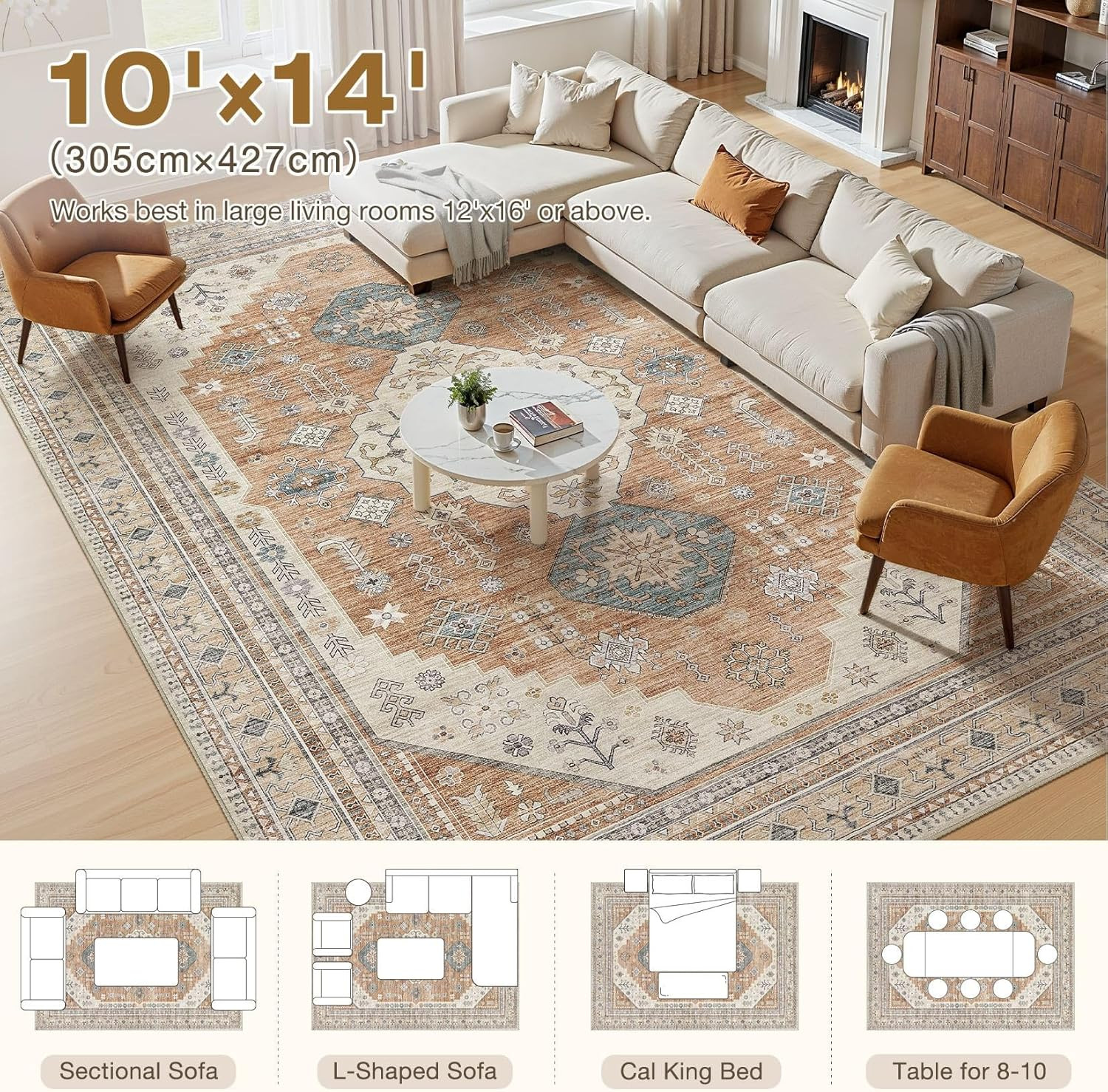 Large 10X14 Washable Area Rug – Soft, Stain Resistant, Non-Slip Vintage Design