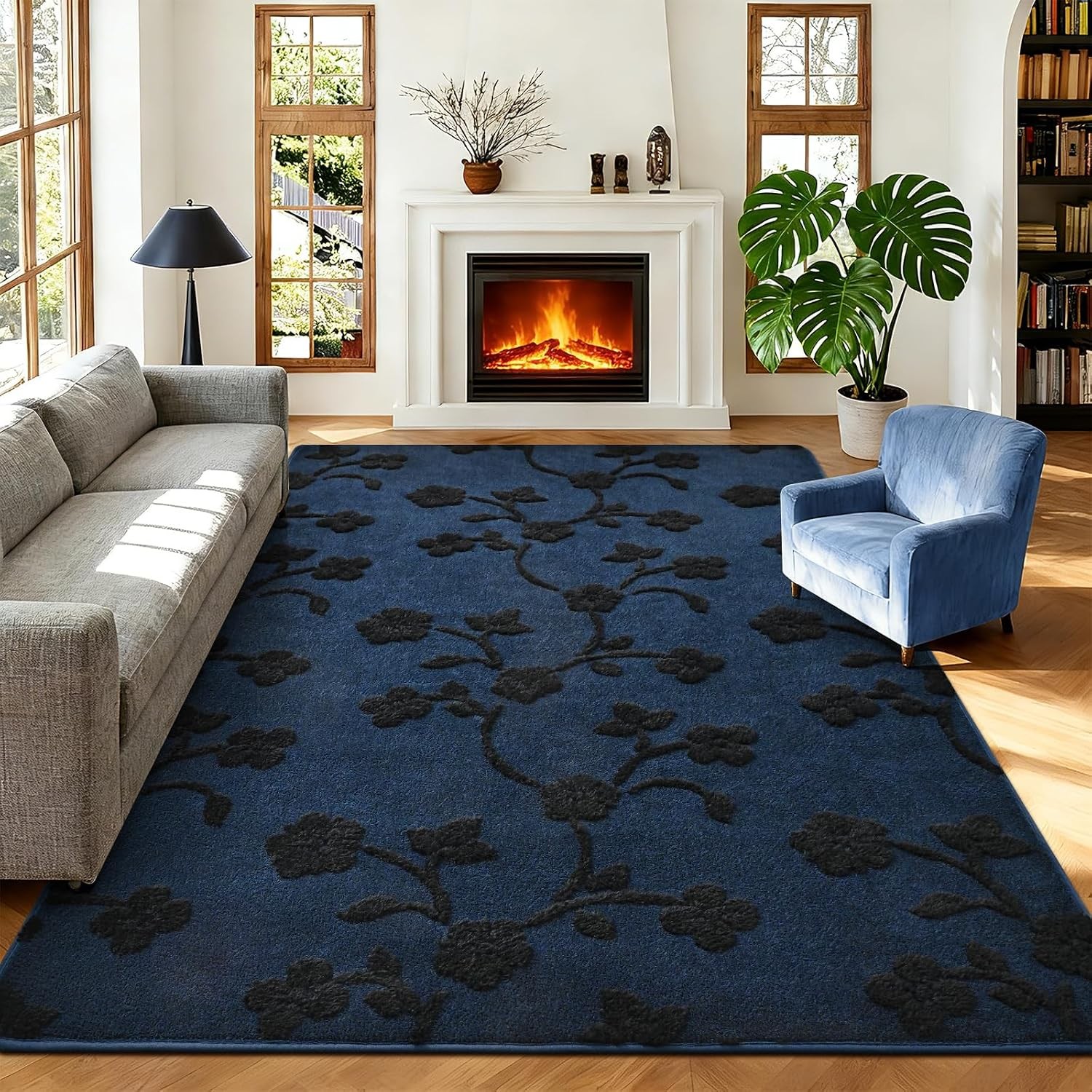 Area Rugs for Bedroom Living Room, 4×6 Navy Blue Memory Foam Rug, Floral Low Pil