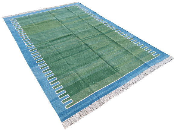 Handmade Cotton Area Flat Weave Rug, Green And Blue Indian Striped Kilim Dhurrie