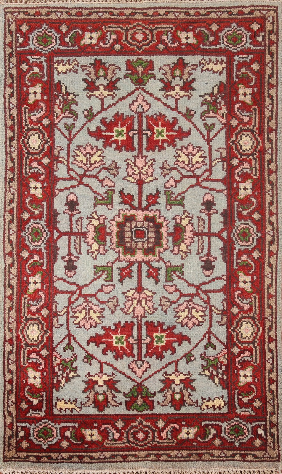 Light Blue Oushak Accent Rug 3×5 Hand-knotted Wool Geometric Pattern for Foyer
