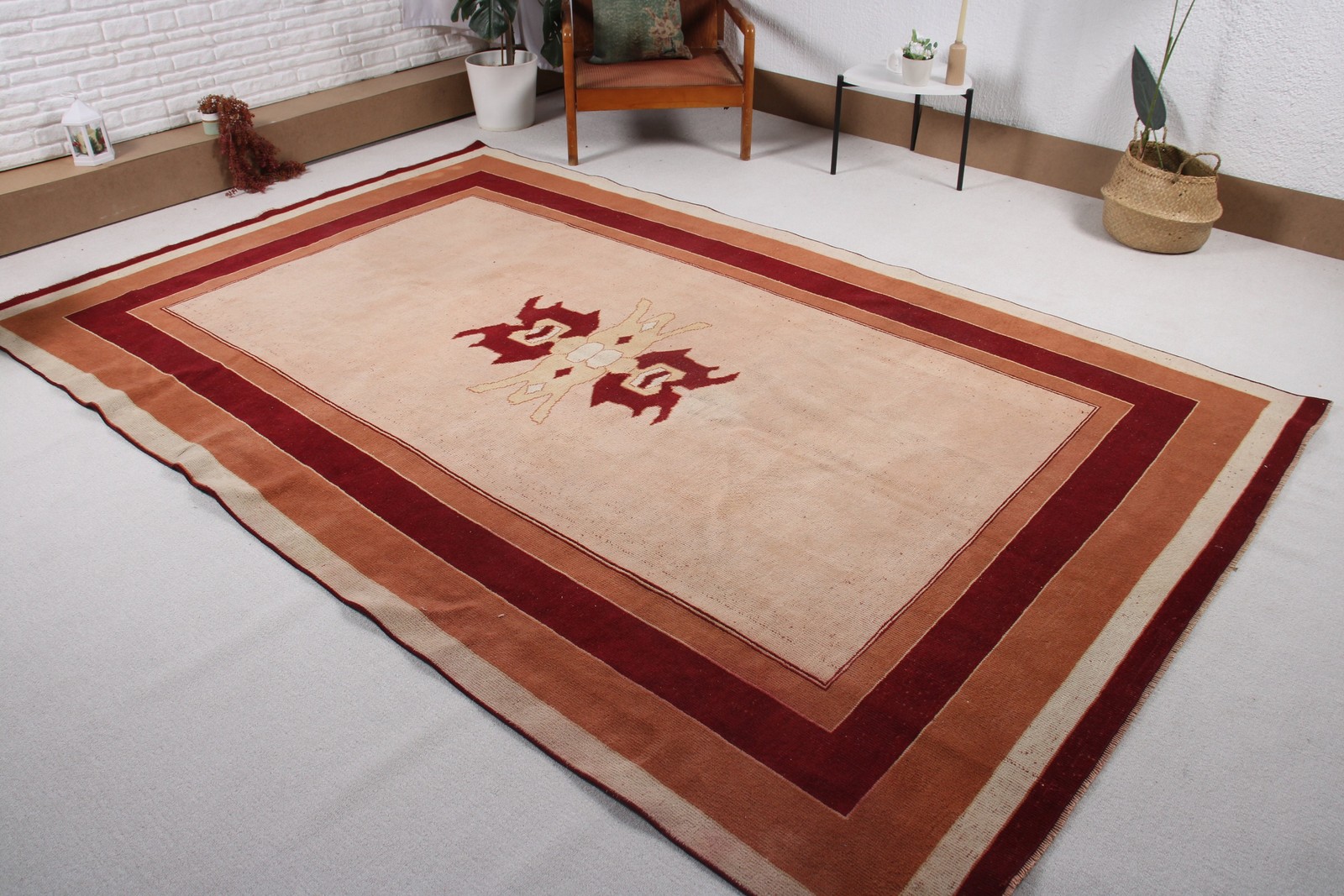 Turkish Rug 6,4×10 ft, Brown Red Striped Wool Vintage Rug