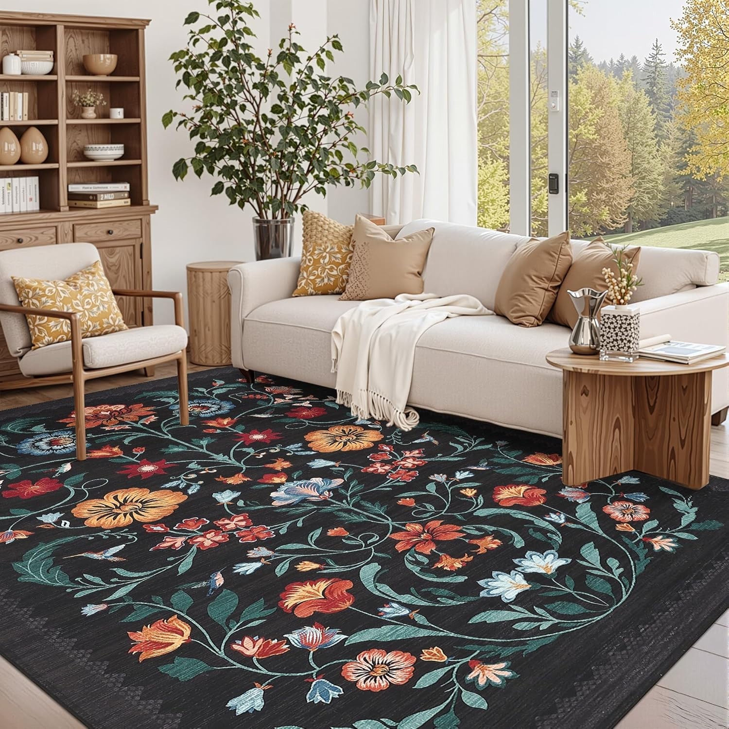 Boho Floral 8×10 Area Rug – Child & Pet-Friendly, Low Pile Washable Rug