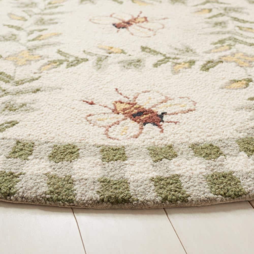 SAFAVIEH Round Border Area Rug Ivory/Green Wool Bee Floral Design 3 ft. x 3 ft.