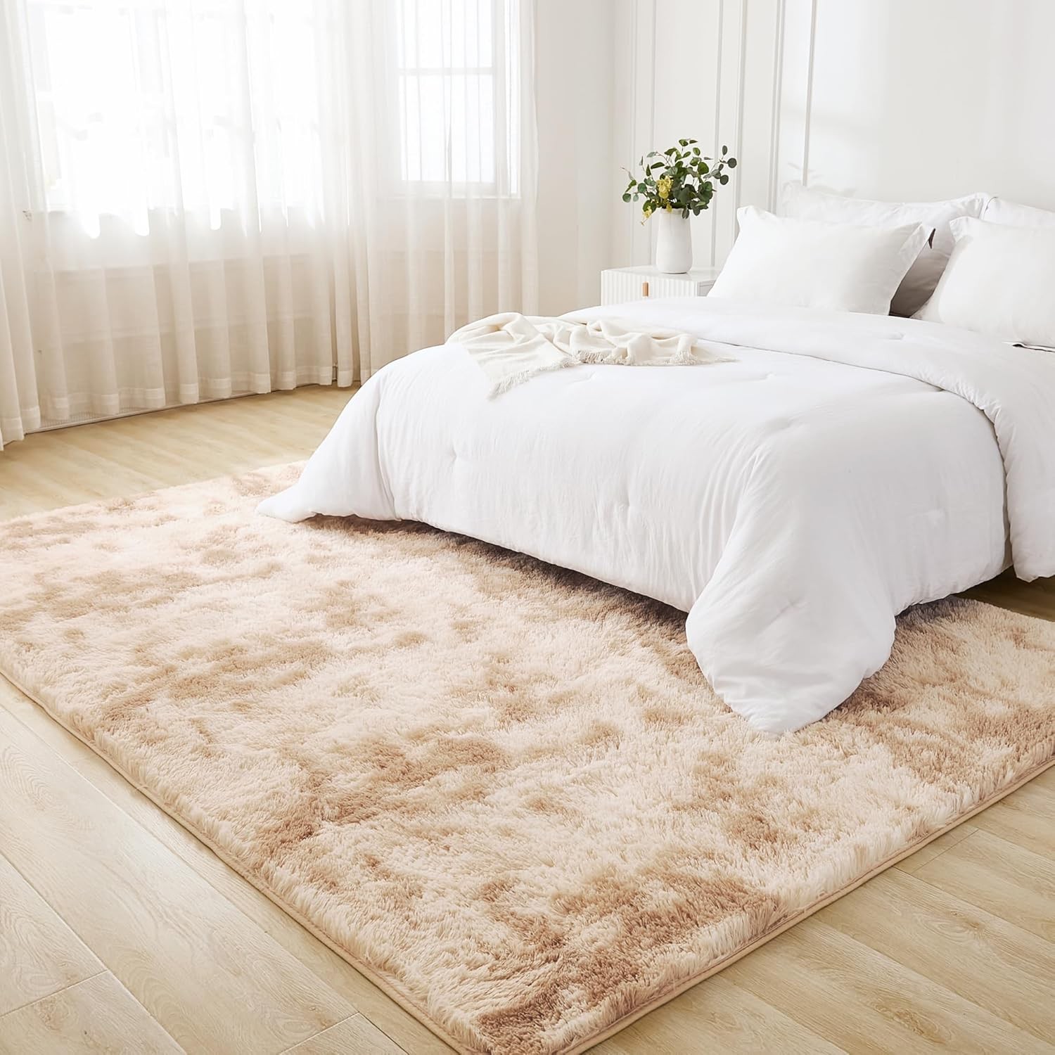 Litanika 4×6 Shag Area Rug for Living Room Bedroom, Tie-Dyed Beige High Pile Sof