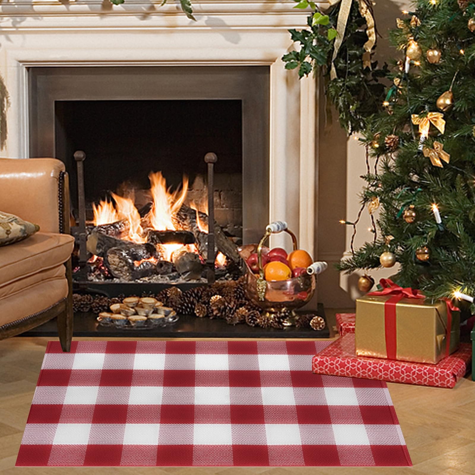 Red White 27.5×43 Inch Cotton Washable Buffalo Plaid Checkered Area Rug Mat