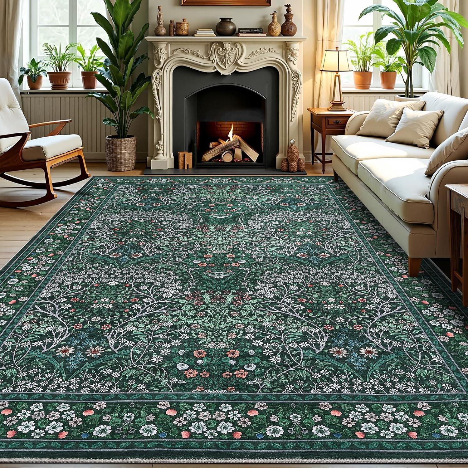 Area Rug 8X10, Easy to Clean Machine Washable Non-Slip Low-Pile Vintage Floral L