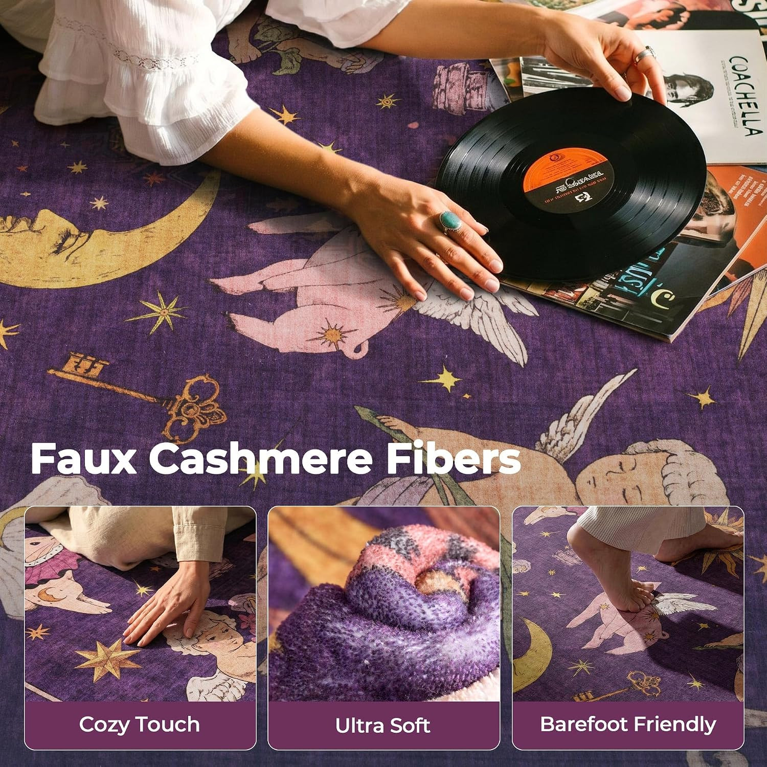 6X9 Celestial Sun Moon Unique Plum Grape Dark Purple Soft Washable Area Rug | Lo