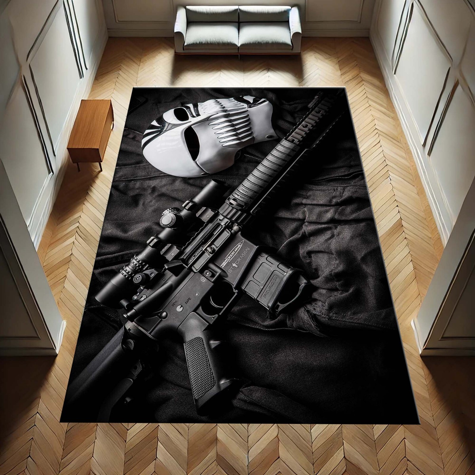 Gamer Rug, Tactical Decor, Dark Aesthetic Carpet, Skull Mask Rug, Military Theme