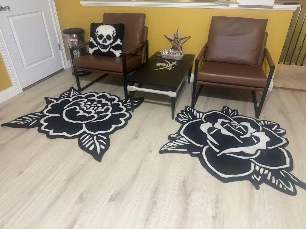 Blackwork Rose Tattoo Rug, Gothic Floral Decor, Hand Tufted Wool Area Rug