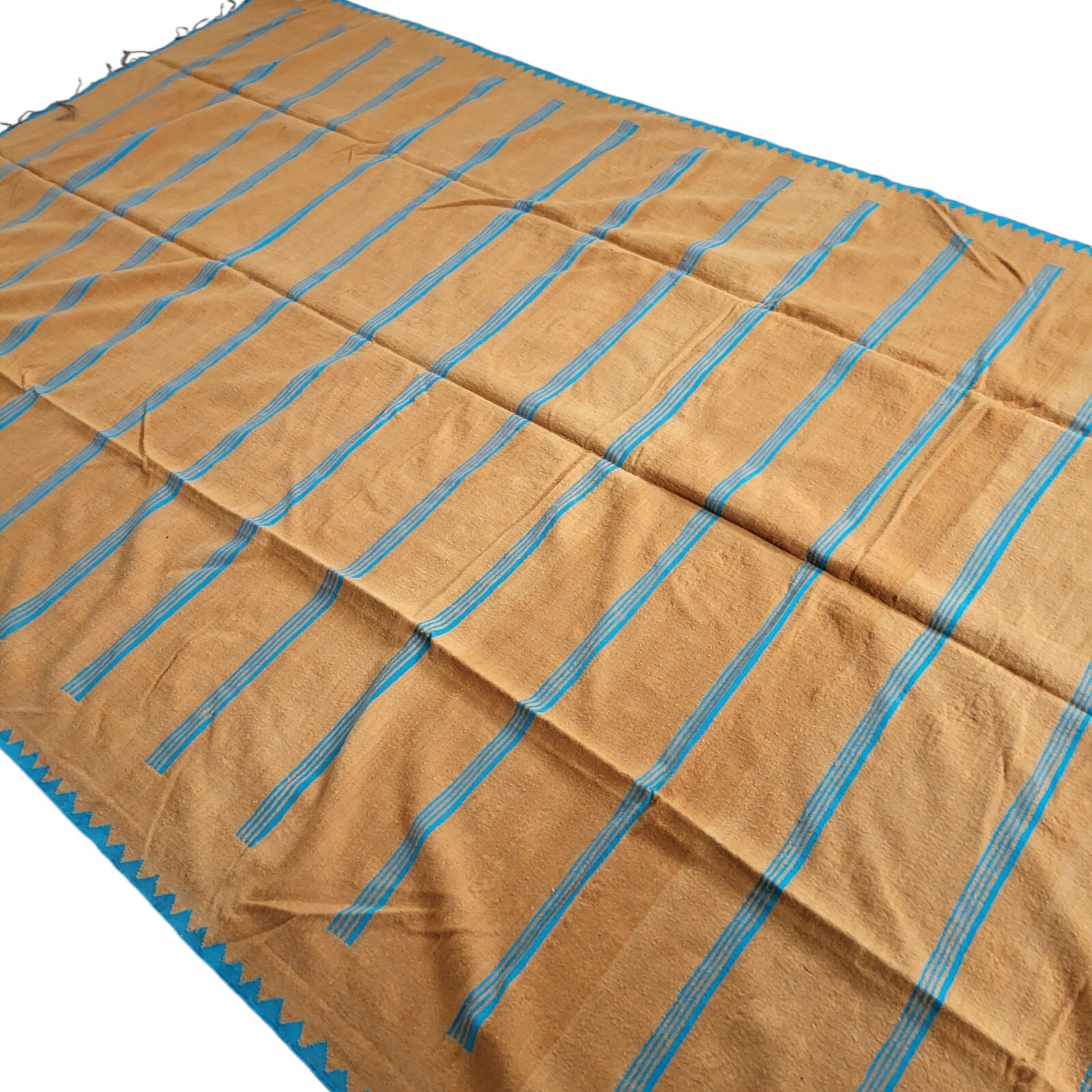 Vibrant Handmade Moroccan Orange Rug Blue Stripe Fringe Berber Wool Carpet 11×6