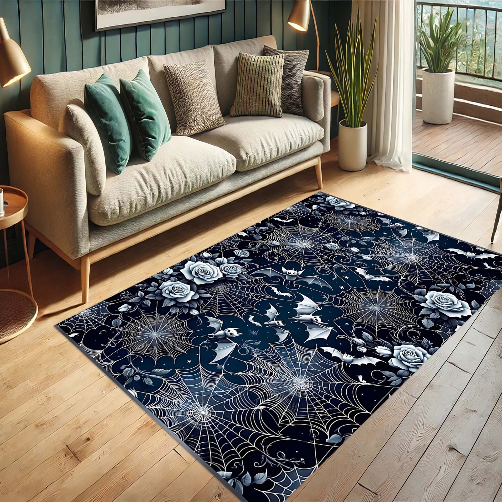 Gothic rug, Halloween rug, Bat area rug, Dark floral rug, Spiderweb rug, Rose