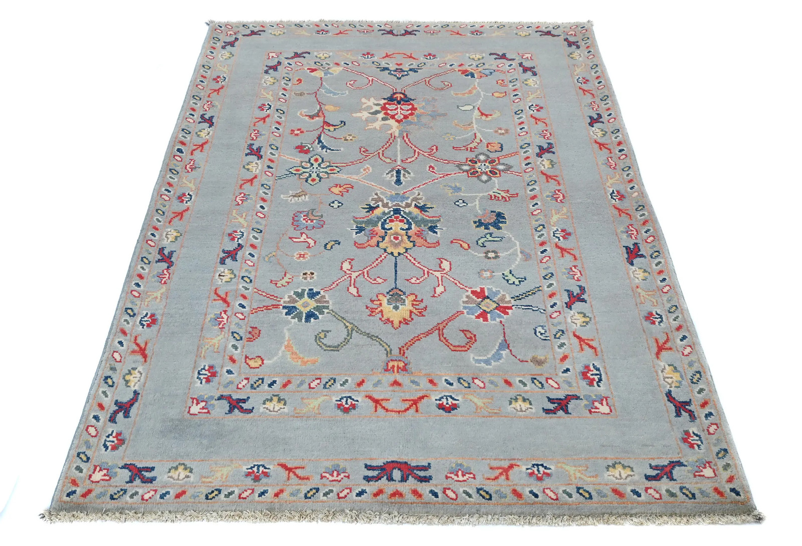 Hand-Knotted Gray Kazak Rug 3X5 ft Pakistan Floral Modern Design Oriental Carpet