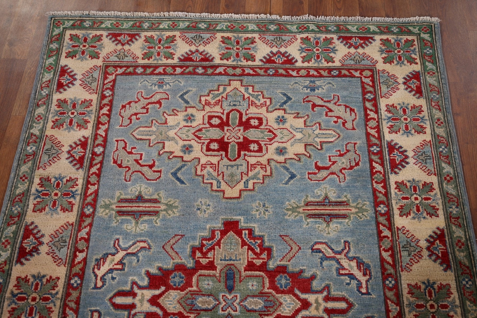 Vibrant Color Geometric Kazak Pakistani Traditional Rug Blue/ Ivory 4×6 ft