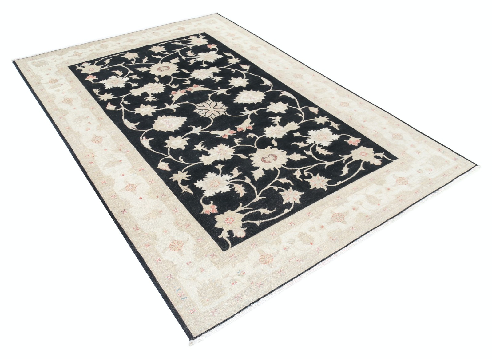 5.7×8 ft Hand Knotted Floral Area Rug with Black Field and Beige Border