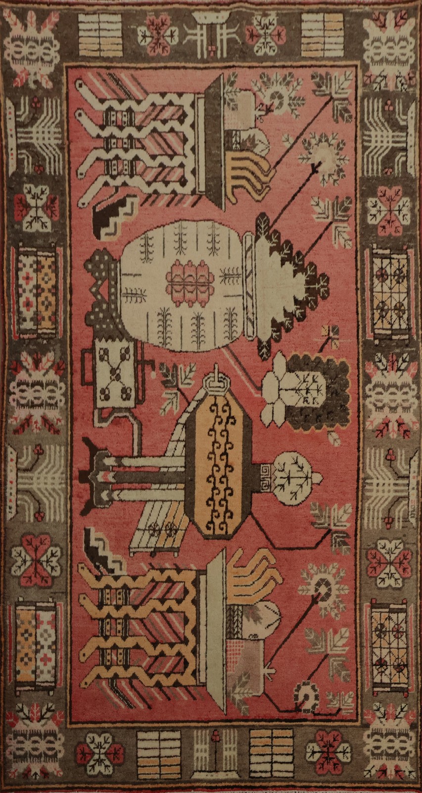 Cultural Artistic Displayed Mongolian Rug 5×9 Pink Wool Handmade Classic Carpet