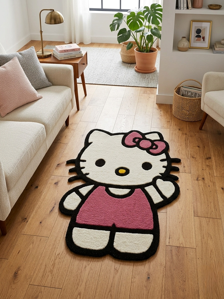 Handmade Tufted Wool Rug Hello Kitty Style Cartoon Area Carpet Home Decor