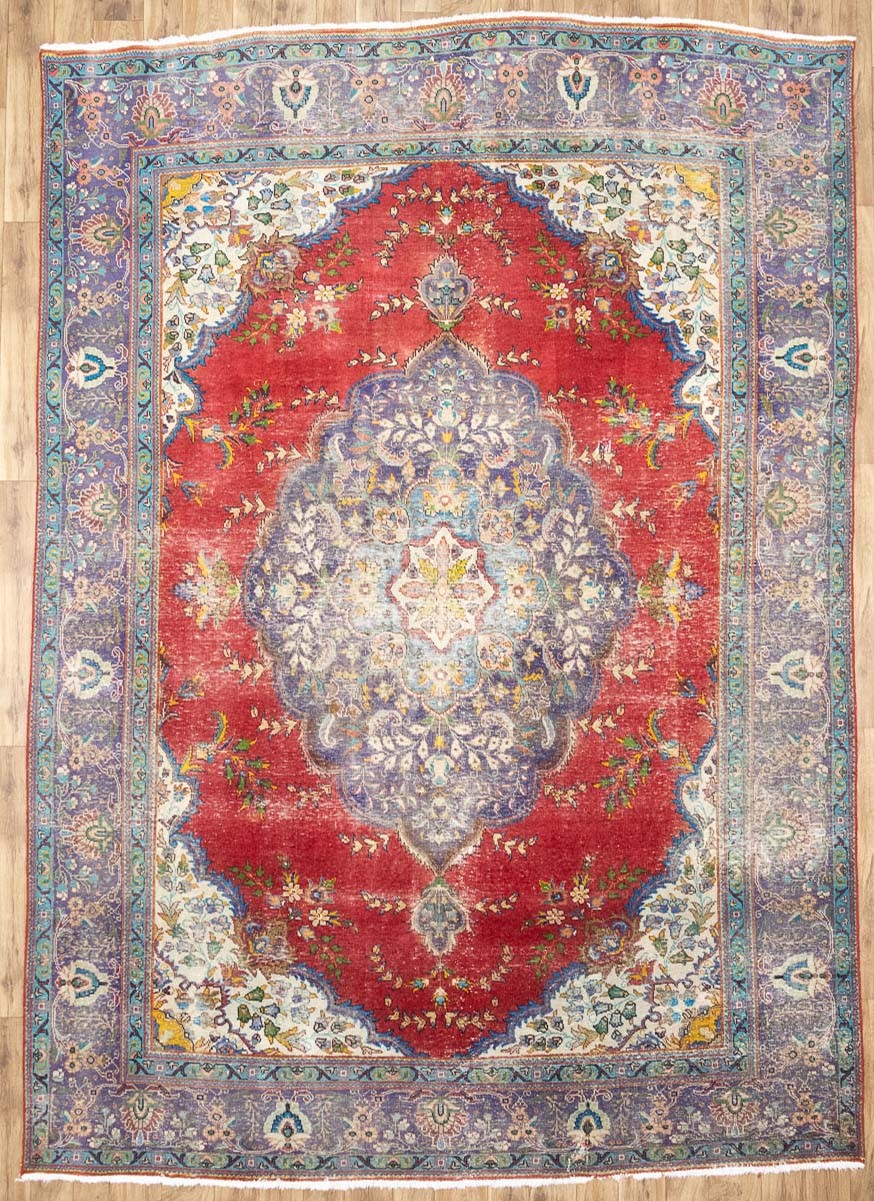 Semi-Antique Distressed Floral Oriental Rug Muted Living Room Carpet 9×13 Ft