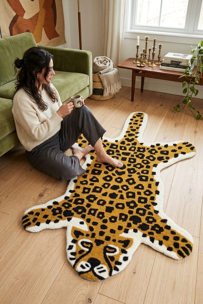 Handmade Leopard Print Wool Rug – Tufted Animal Shaped Accent Area Carpet Decor