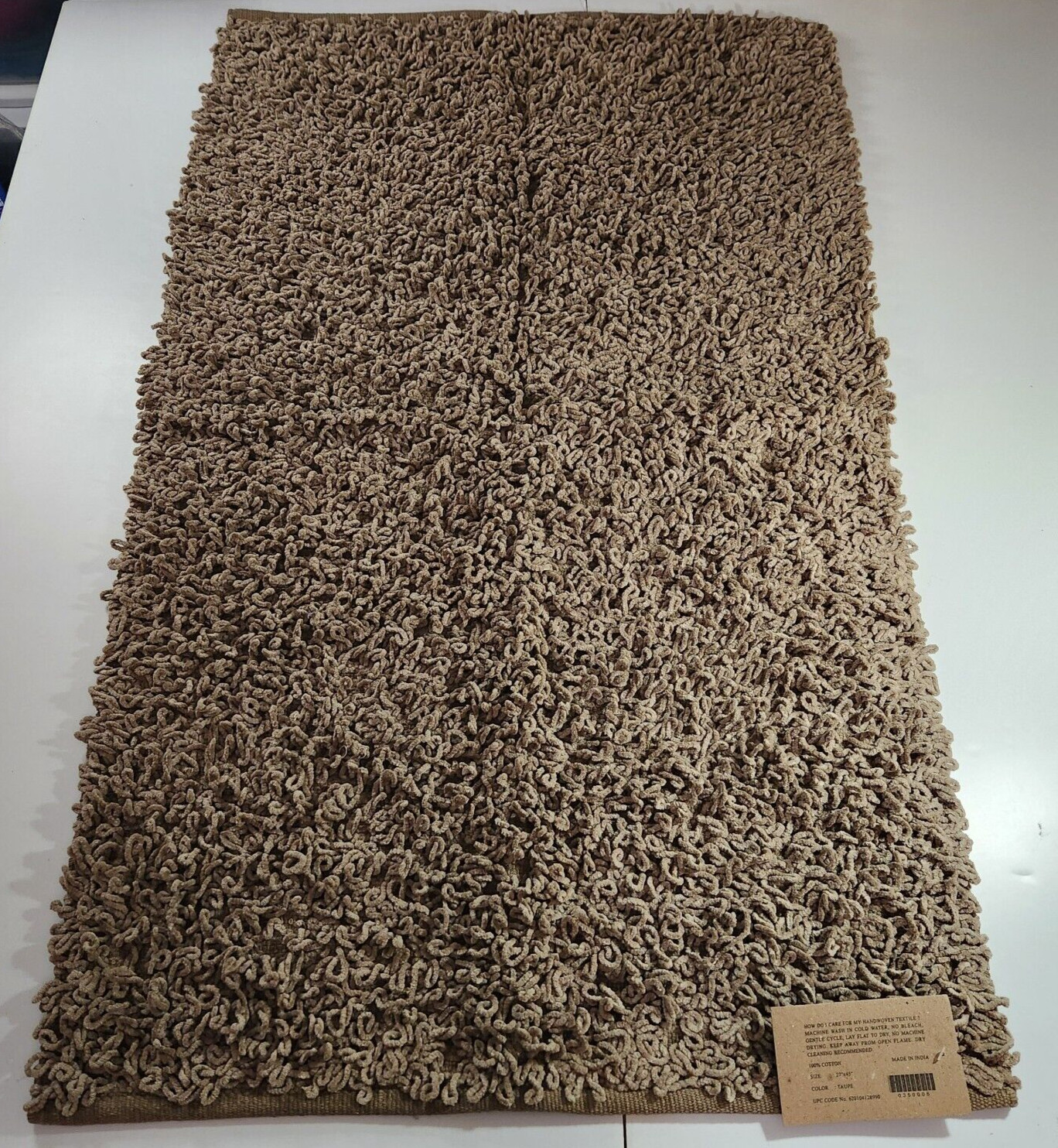 Chenille Shag Throw Rug Bath Mat 27″ x 45″ Taupe Beige Handwoven Cotton New