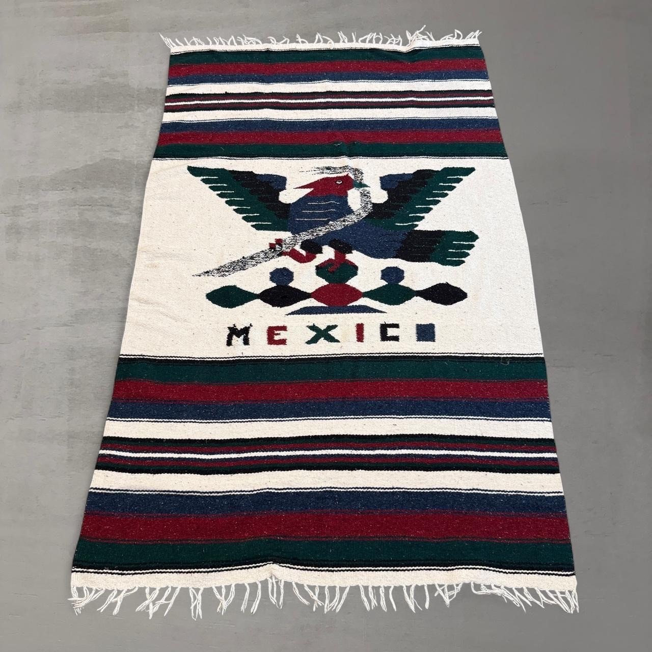 Vintage Mexico Tapestry Serape Blanket Cream Eagle Snake Striped Rug 77 x 48
