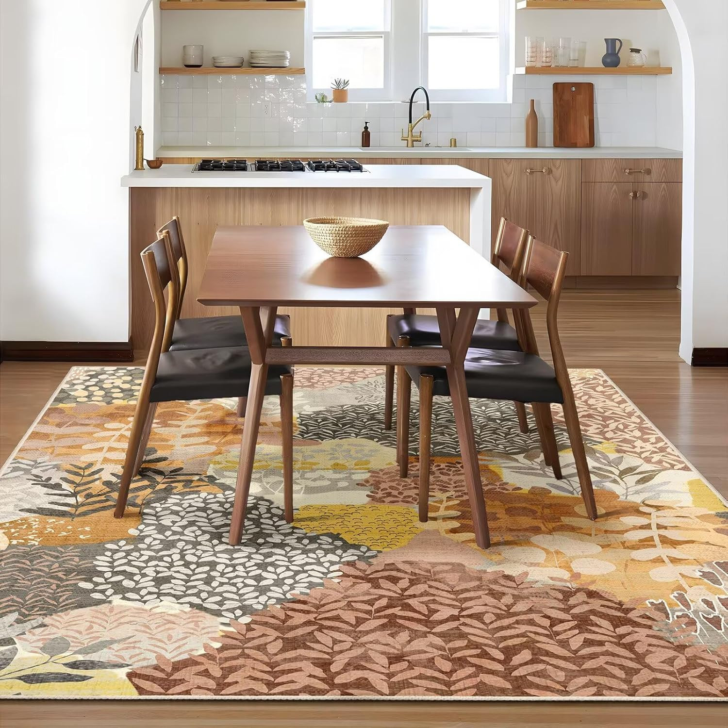 Washable Non-Slip 5X7 Boho Area Rug with Floral Leaves Print for Home & Office