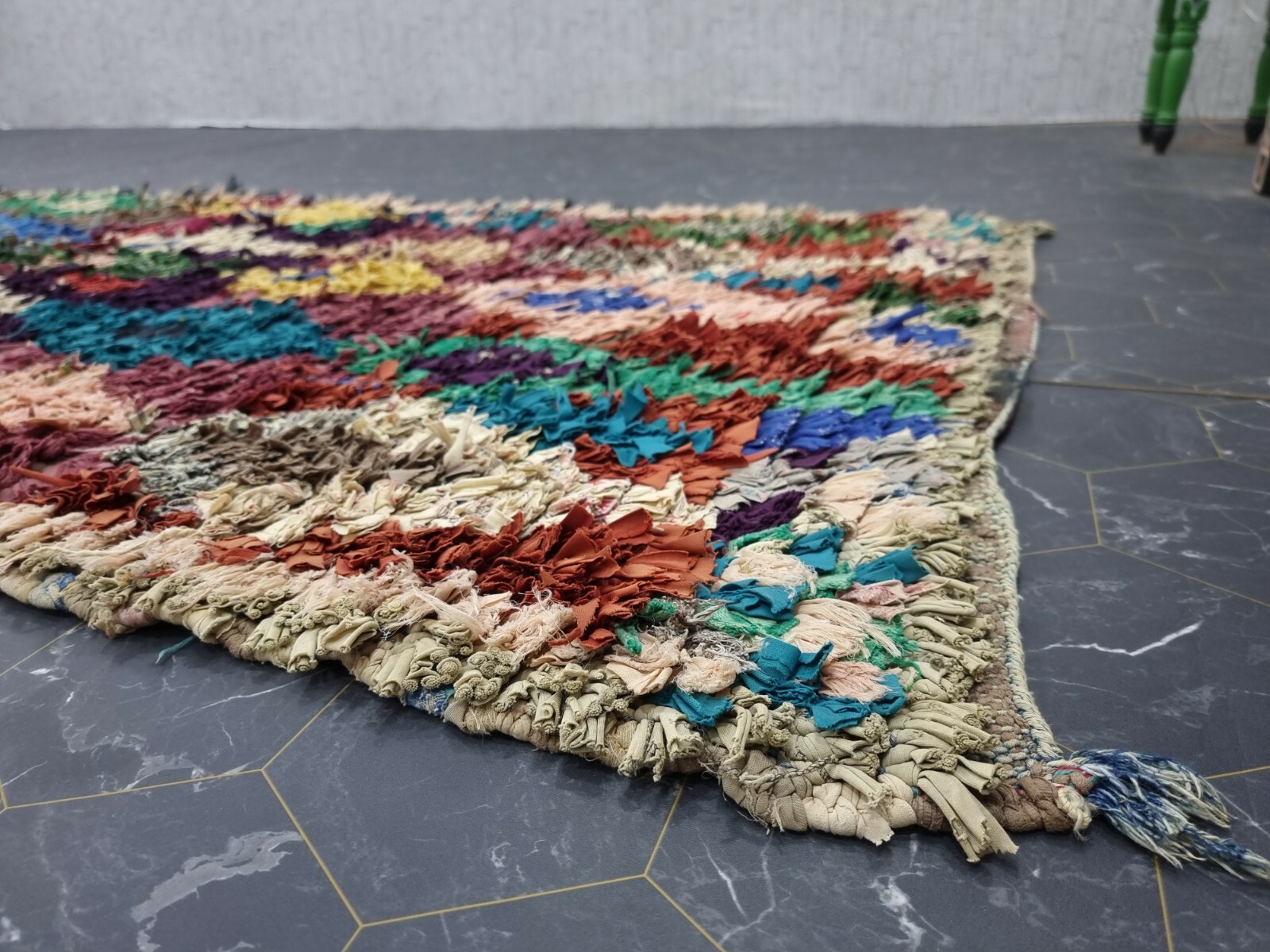 Moroccan Handmade Vintage Boucherouite 3’1″x9′ Berber Geometric Red Blue Carpet
