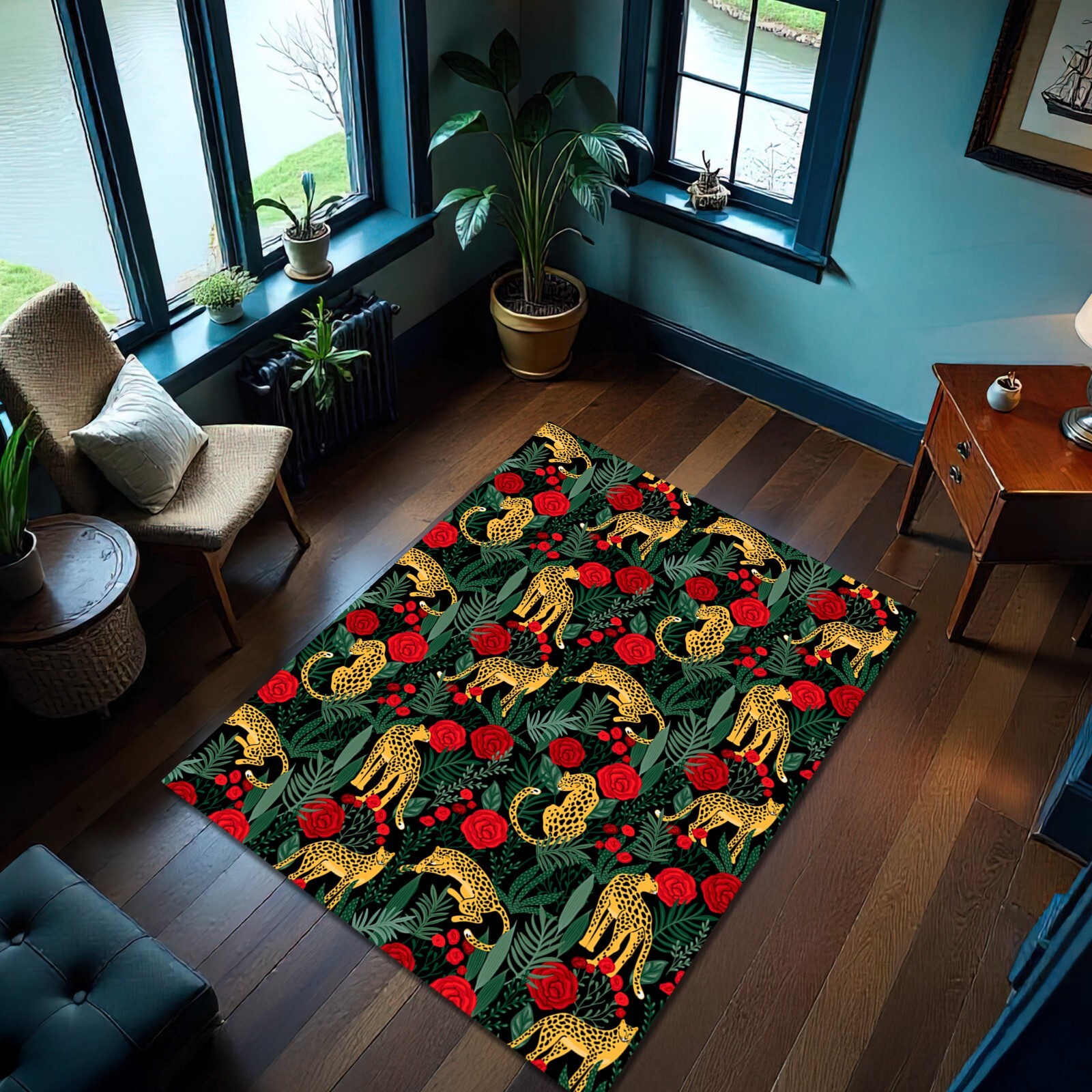 Leopard Palm Leaf Red Rose Jungle Theme Rug Carpet Bold Animal Print