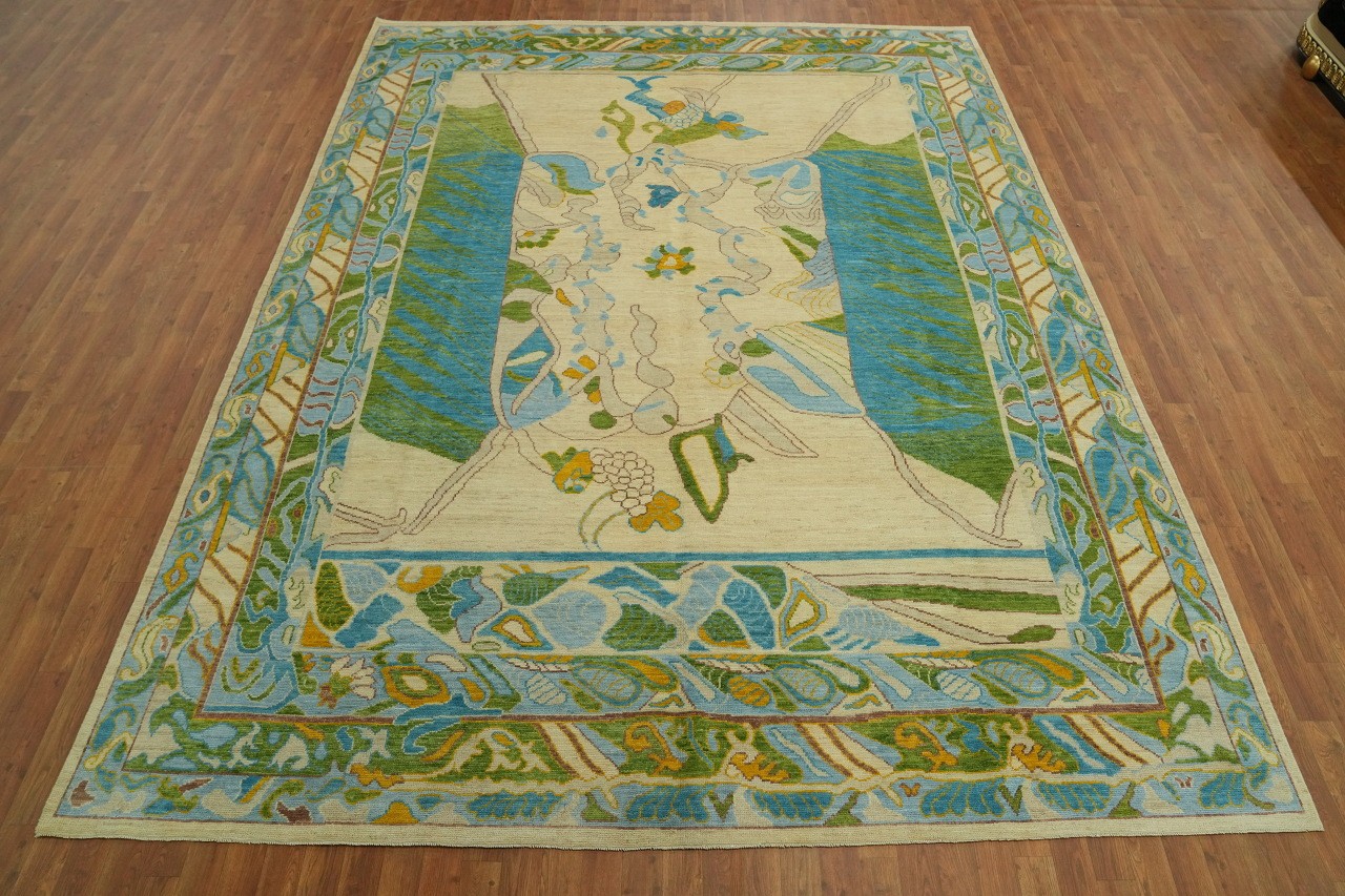 Oushak Hues of Green & Blue 9×12 Large Area Rug Geometric Wool Hand-Knotted