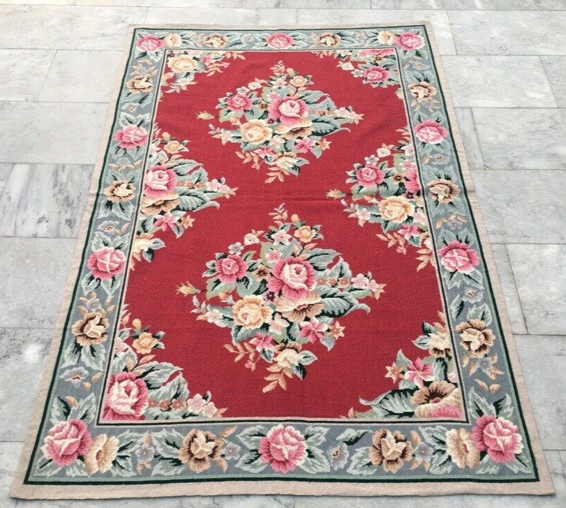 Vintage Handwoven French Aubusson Rug Needle Point Floral Wool Rug 175×115 cm