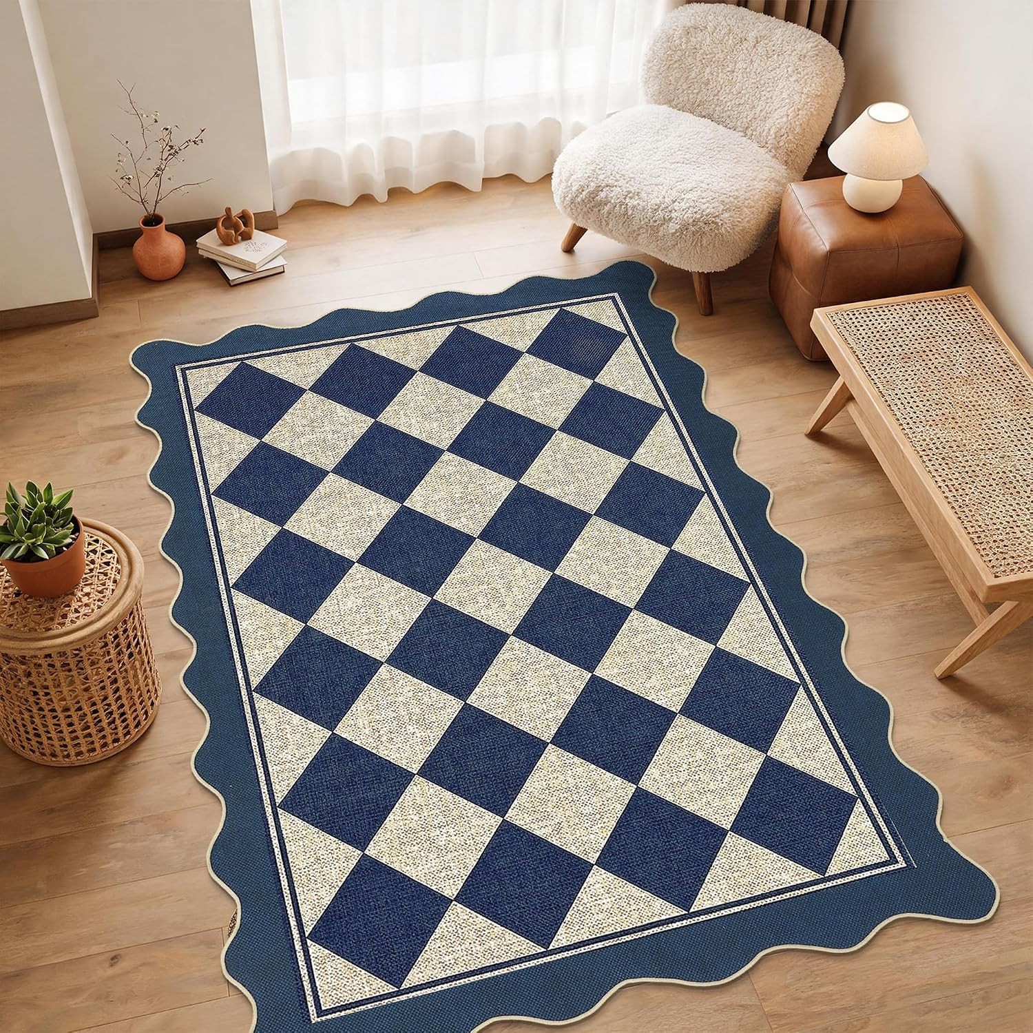 Scalloped Checkerboard Black White 5×7 Jute Washable Area Rug Living Room Patio