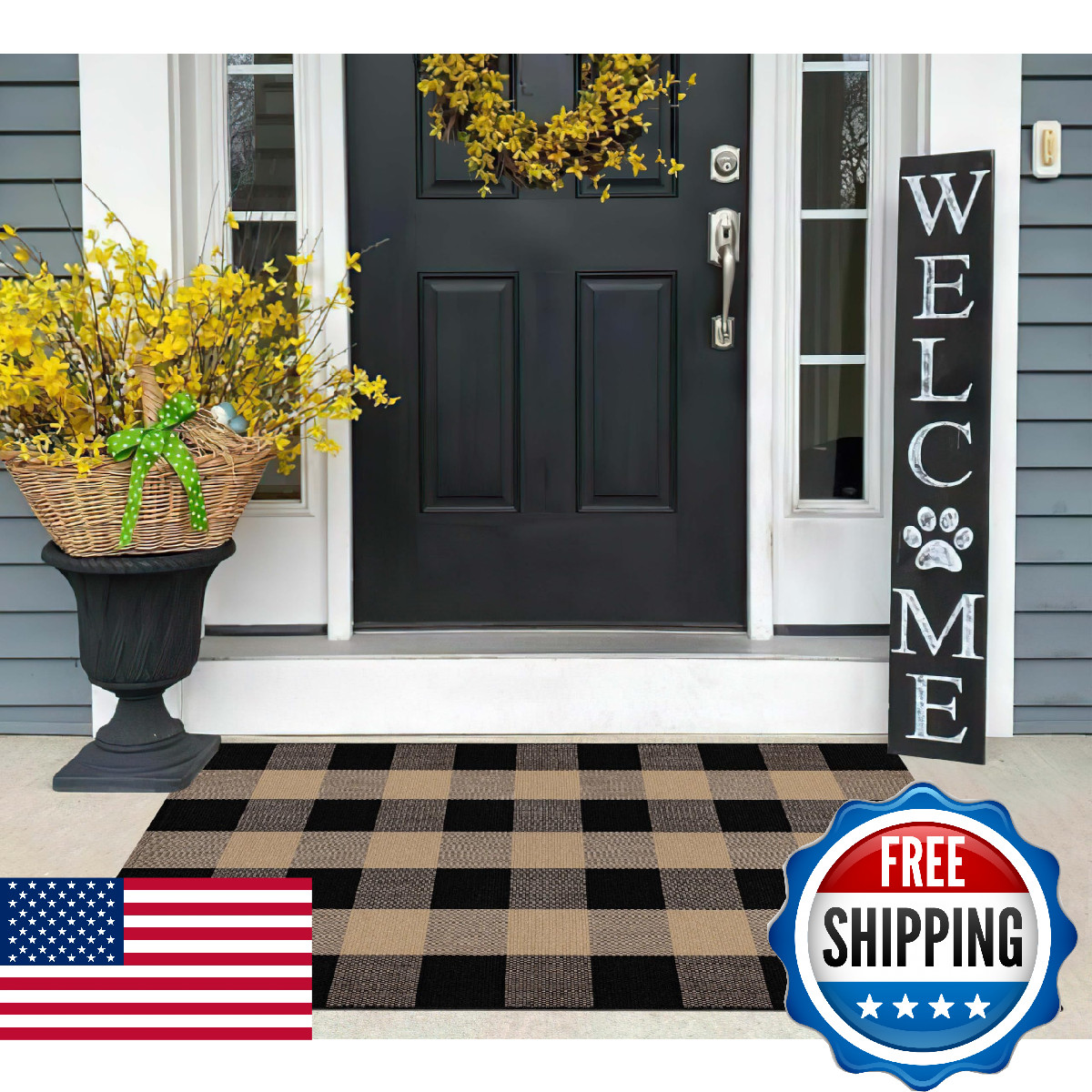 Buagetup Khaki And Black Outdoor Rug 27.5X 43.3Checkered Layered Doormat Cotton