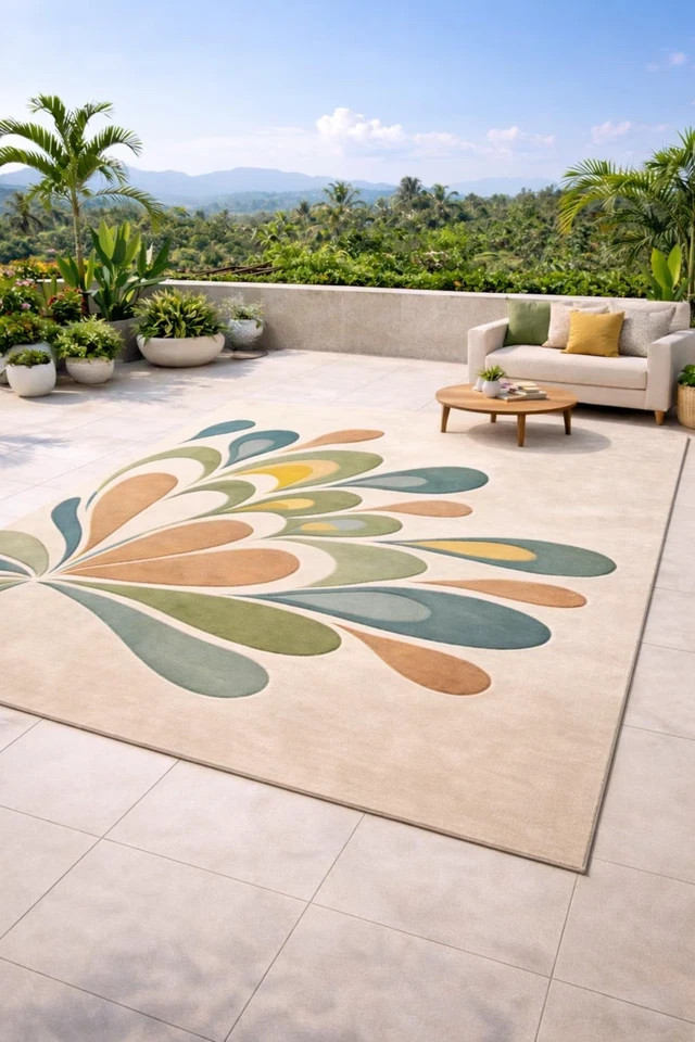 Abstract Floral Hand-Tufted Wool Rug, Beige Green Mustard Living Room Carpet Rug