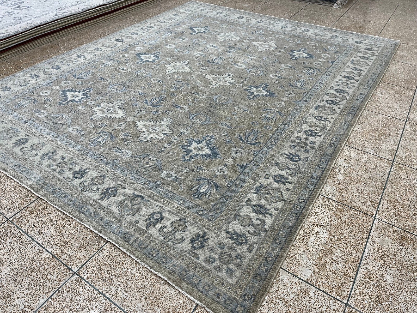 Hand Knotted Oushak Rug Grey Beige Floral Wool Area Rug Traditional Vintage Rug