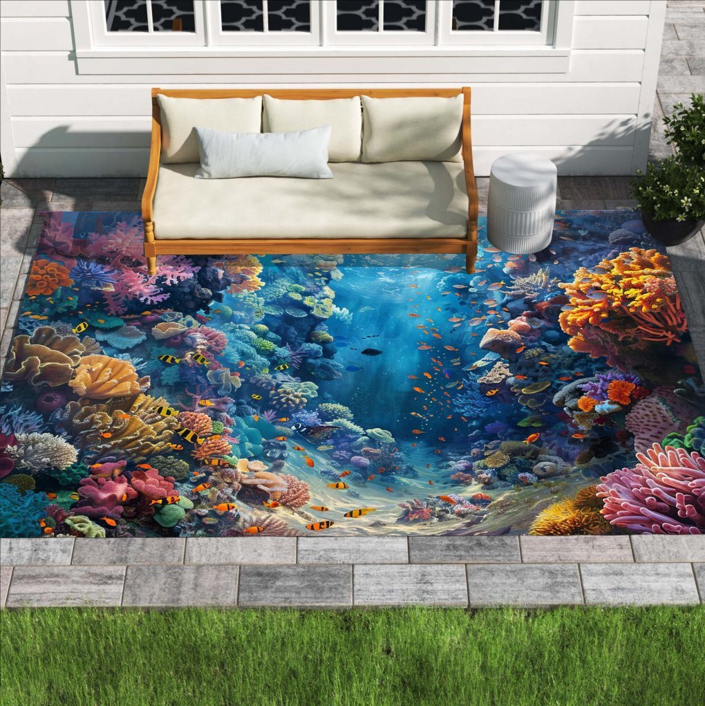 Vibrant Colorful Tropical Fish Coral Outdoor Rug Illusion Visual Funky Floor Mat