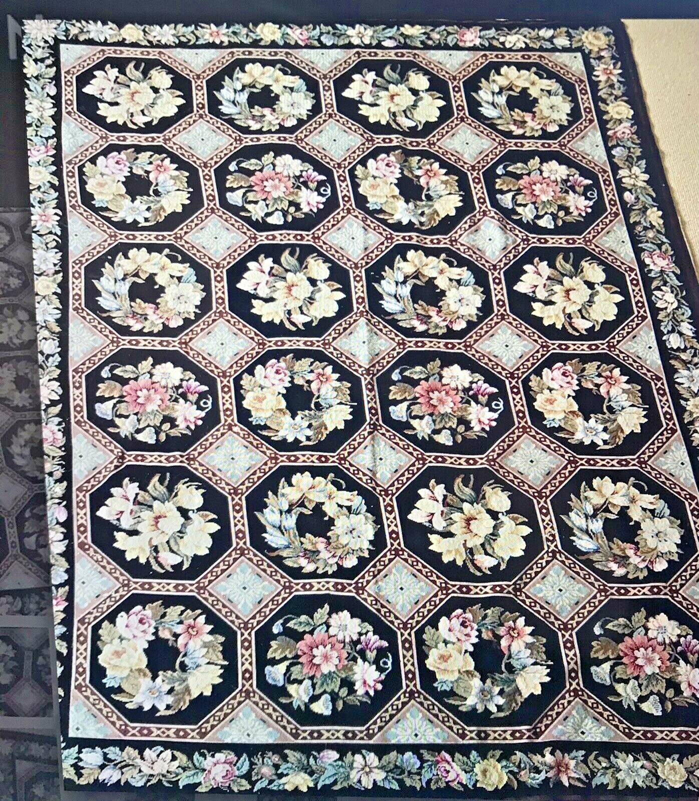 FLORAL GEOMETRIC PANEL NEEDLEPOINT AUBUSSON WOOL RUG FLOWERS BLACK & IVORY 6 X 9
