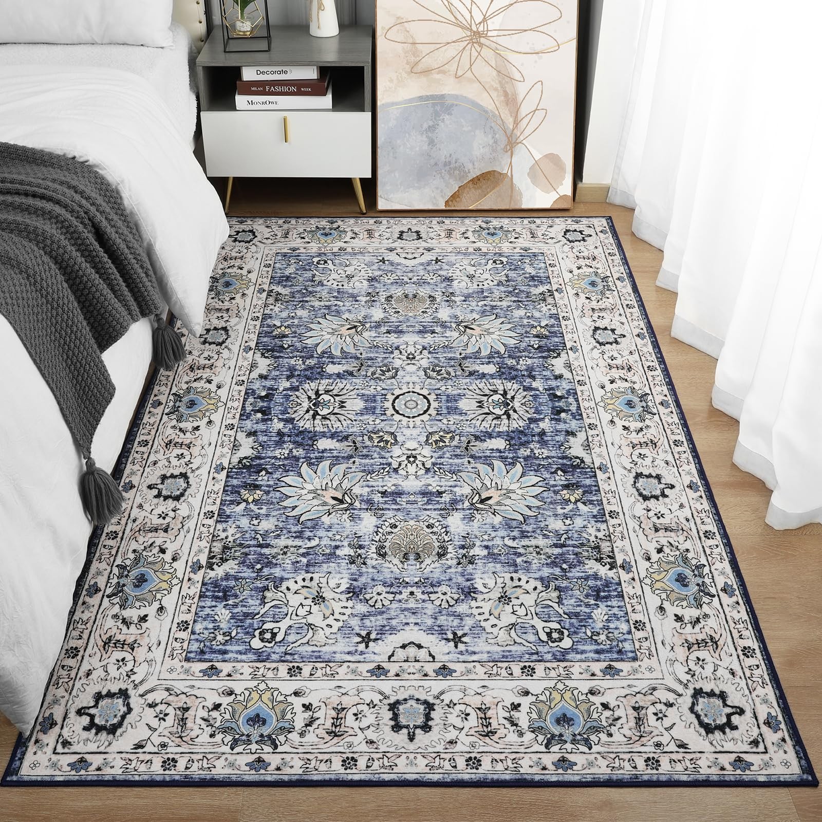 Machine Washable Rug 4×6 Boho Area Rug, Multi-Blue Rug for 4’x6′ Multi-blue