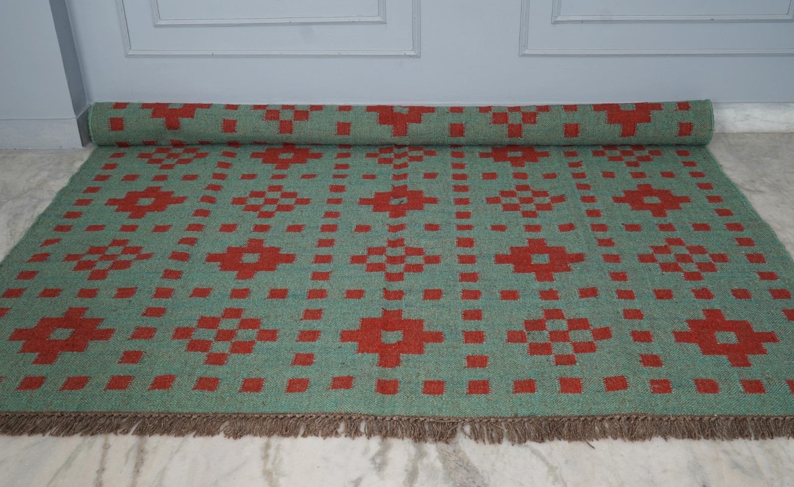 Handwoven Rug, Geometric Jute Rug Living Room – Bedroom Rug Sage Green & Red